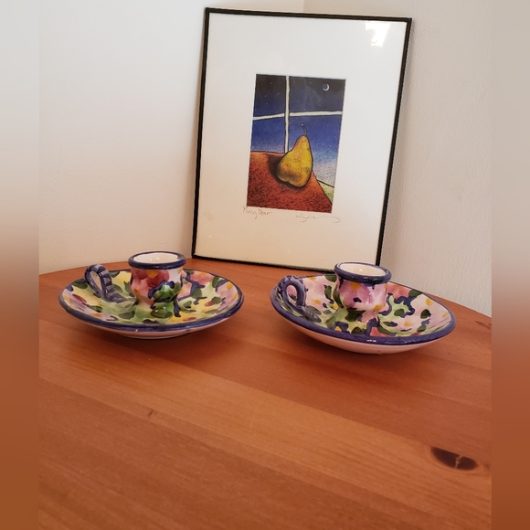 Hand painted floral candlestick holders made in Portugal - Picture 2 of 5